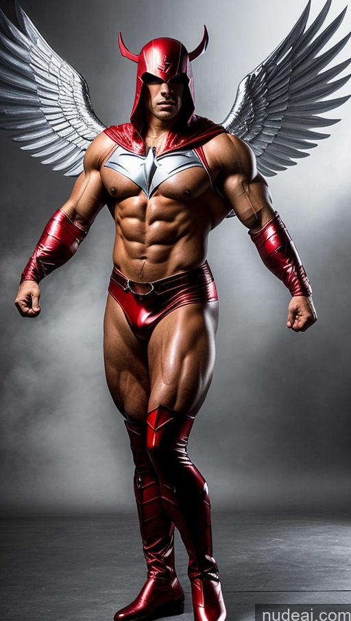 ai nude image of arafed male in a red costume with wings and a helmet pics of Angel Superhero Abs Muscular Busty Fantasy Armor Bodybuilder