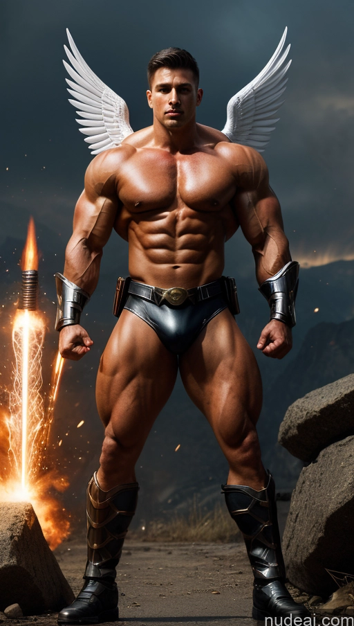 ai nude image of arafed male in leather underwear and angel wings standing in front of a fire pics of Superhero Abs Muscular Busty Bodybuilder Battlefield Angel Fantasy Armor Powering Up