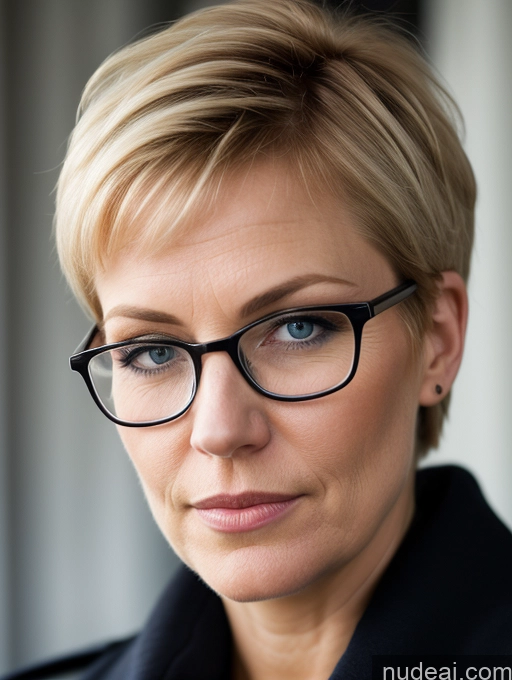 ai nude image of blond woman with glasses looking at camera with serious look on face pics of Milf Small Tits Glasses Big Ass Chubby Big Hips Short Pubic Hair Serious Scandinavian Soft + Warm Close-up View Dark Lighting Detailed Fairer Skin 40s Ginger Short Hair Trench Coat