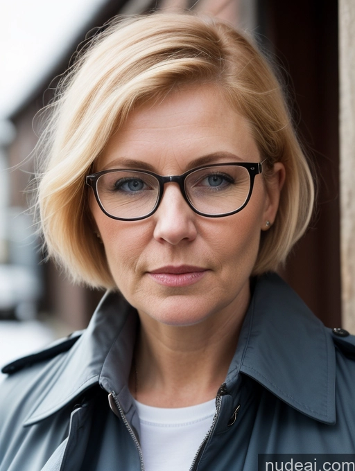 ai nude image of blond woman with glasses and a blue jacket standing by a wall pics of Milf Small Tits Glasses Big Ass Chubby Big Hips Short Pubic Hair Serious Scandinavian Soft + Warm Close-up View Dark Lighting Detailed Fairer Skin 40s Ginger Short Hair Trench Coat