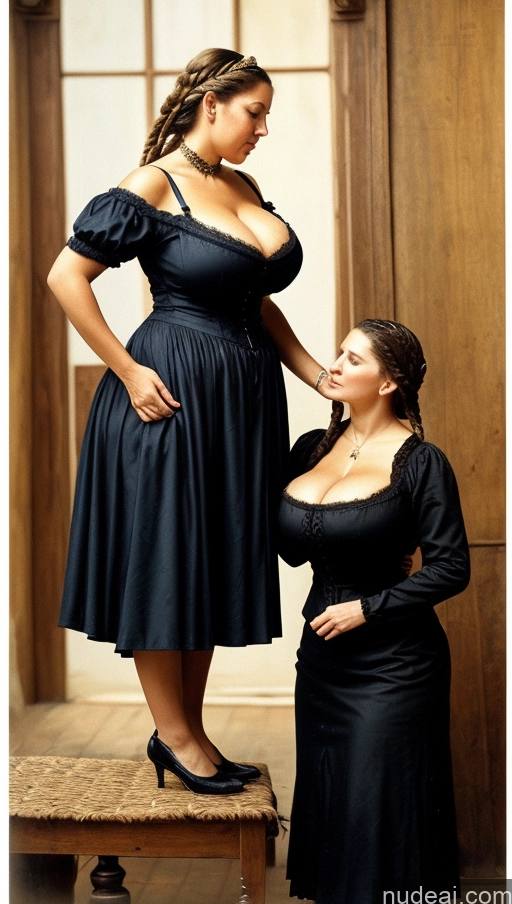 ai nude image of there is a woman standing next to a woman in a black dress pics of Milf Two Huge Boobs Perfect Boobs Big Ass Fat Long Legs Pubic Hair 50s Braided British Painting Front View Medieval Traditional Victorian Cleavage Hairy Women