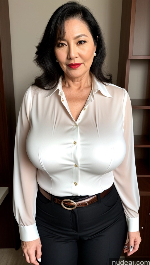 ai nude image of there is a woman in a white shirt and black pants posing for a picture pics of Milf One Busty Big Hips Big Ass Pubic Hair Fairer Skin 60s Black Hair Asian Blouse Lipstick