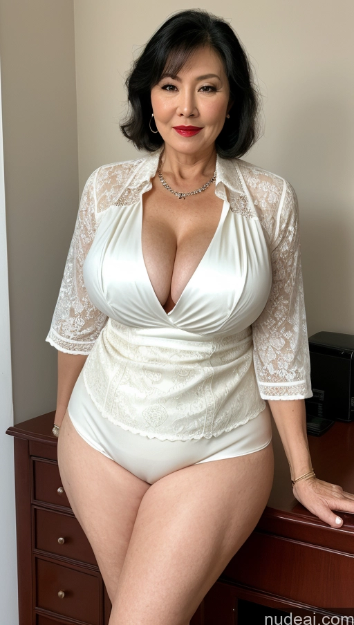 ai nude image of araffe woman in a white dress posing for a picture pics of Milf One Busty Big Hips Big Ass Pubic Hair Fairer Skin 60s Black Hair Asian Blouse Lipstick Cleavage