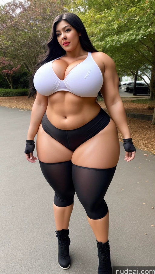 ai nude image of a woman in a white bra top and black pants posing for a picture pics of Huge Boobs Big Ass Abs Chubby Lipstick Fairer Skin Black Hair Long Hair Cosplay Muscular