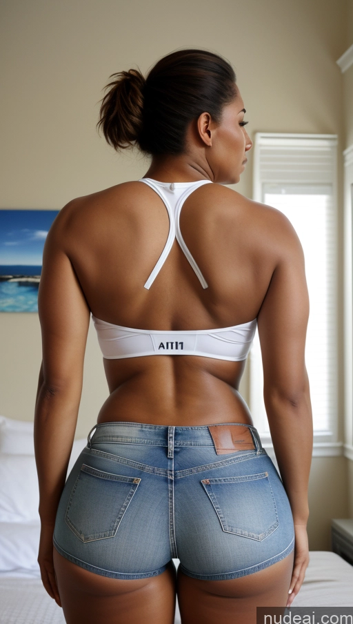 ai nude image of araffe woman in a white bra top and jeans shorts pics of Athlete Big Ass Big Hips Bedroom Bright Lighting Back View Jeans Short Shorts