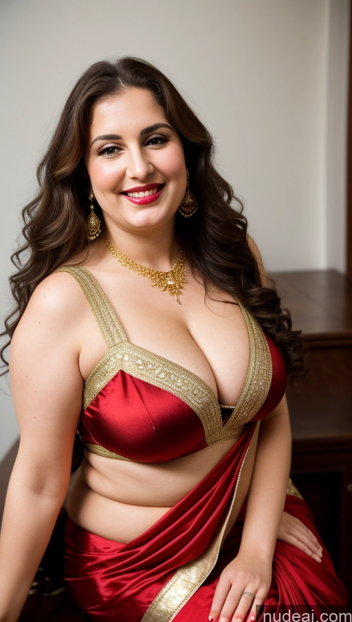 ai nude image of araffe woman in a red sari posing for a picture pics of Milf Busty Beautiful Lipstick Chubby Thick Big Hips Fat Fairer Skin 20s Happy Seductive Brunette Long Hair Russian Party Front View Straddling Sari Blouse Dirndl Victorian Cleavage Gold Jewelry