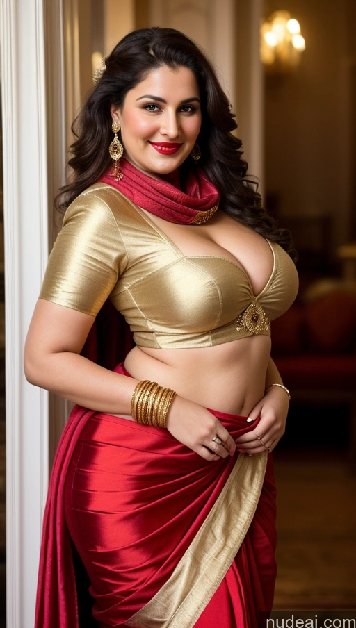 ai nude image of araffe woman in a gold and red sari posing for a picture pics of Milf Busty Beautiful Lipstick Chubby Thick Big Hips Fat Fairer Skin 20s Happy Seductive Brunette Long Hair Russian Party Front View Straddling Sari Blouse Dirndl Victorian Cleavage Gold Jewelry Scarf