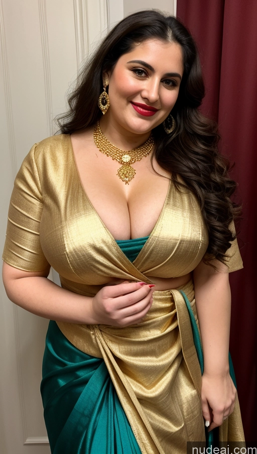 ai nude image of araffe woman in a gold and green sari posing for a picture pics of Milf Busty Beautiful Lipstick Chubby Thick Big Hips Fat Fairer Skin 20s Happy Seductive Brunette Long Hair Russian Party Front View Straddling Sari Blouse Dirndl Victorian Cleavage Gold Jewelry Scarf