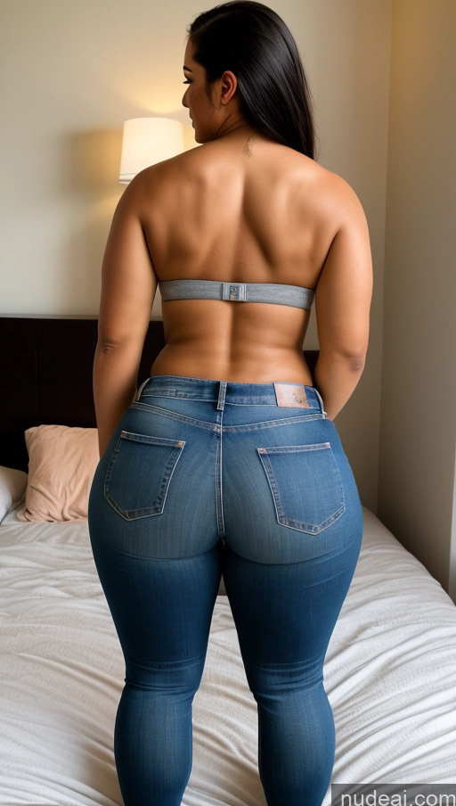 ai nude image of araffe woman in jeans standing on a bed with a white sheet pics of Athlete Big Ass Big Hips Bedroom Bright Lighting Back View Jeans