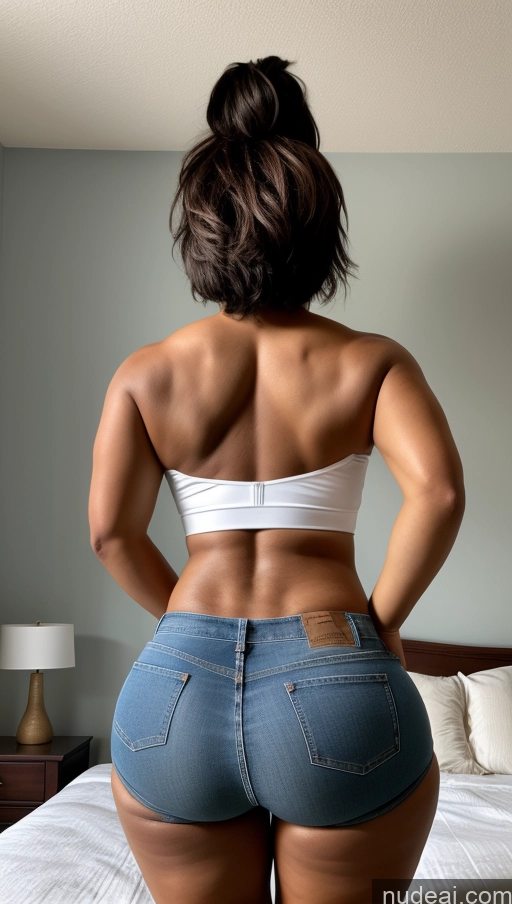 ai nude image of araffe woman in a white top and blue jeans standing on a bed pics of Athlete Big Ass Big Hips Bedroom Jeans Back View