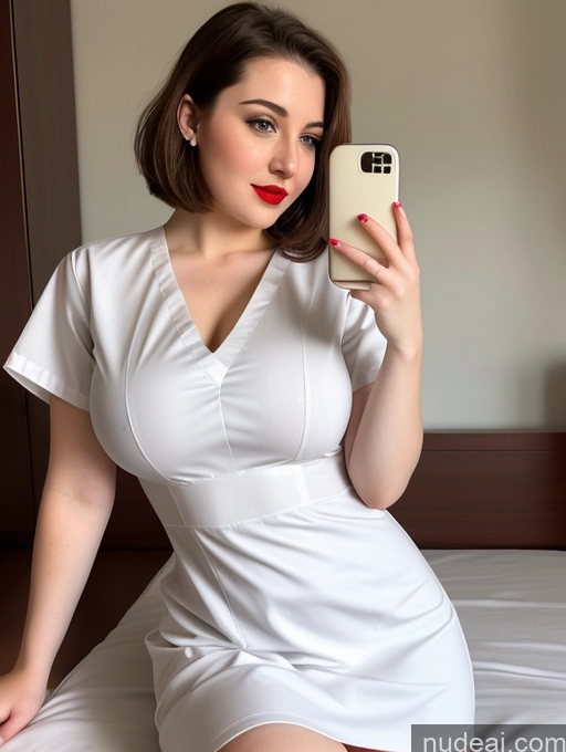 ai nude image of there is a woman in a white dress taking a picture with her cell phone pics of Busty Perfect Boobs Beautiful Fairer Skin Thick 18 Brunette Detailed Russian Big Hips Bobcut Lipstick Nurse Dress