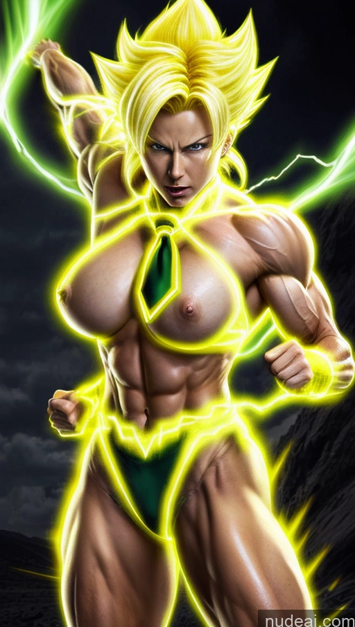 ai nude image of a close up of a person with a very big breast pics of Tie Abs Muscular Busty Super Saiyan Powering Up Neon Lights Clothes: Yellow Detailed