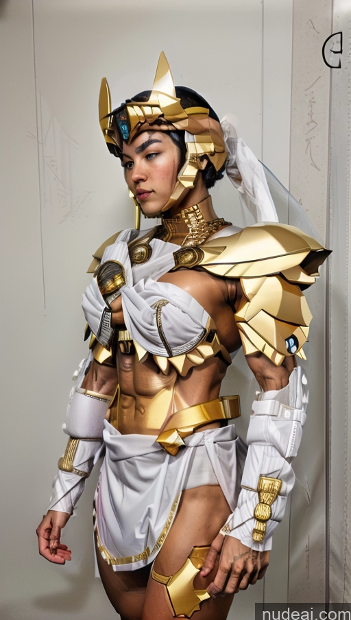 ai nude image of araffe dressed in a costume with gold and white armor pics of Tie SuperMecha: A-Mecha Musume A素体机娘 Menstoga, White Robes, In White And Gold Costumem, Gold Headpiece, Gold Belt, Gold Chain Woman Busty Muscular Abs SSS: A-Mecha Musume A素体机娘 Knight Space Suit Sci-fi Armor