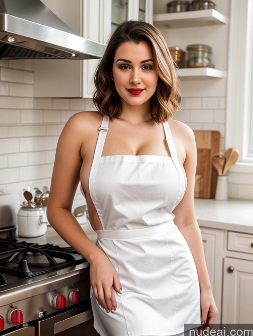 ai nude image of arafed woman in white apron standing in kitchen with stove and oven pics of Busty Perfect Boobs Beautiful Fairer Skin Thick Big Hips 18 Brunette Bobcut Russian Lipstick Apron Kitchen