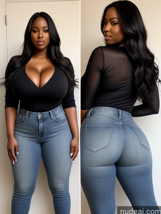 ai nude image of a close up of two photos of a woman in jeans and a black top pics of Woman One Huge Boobs Perfect Boobs Big Ass Big Hips Thick Perfect Body 30s Black Hair Long Hair African High Heels Jeans Shirt Cleavage Detailed Front View Simple