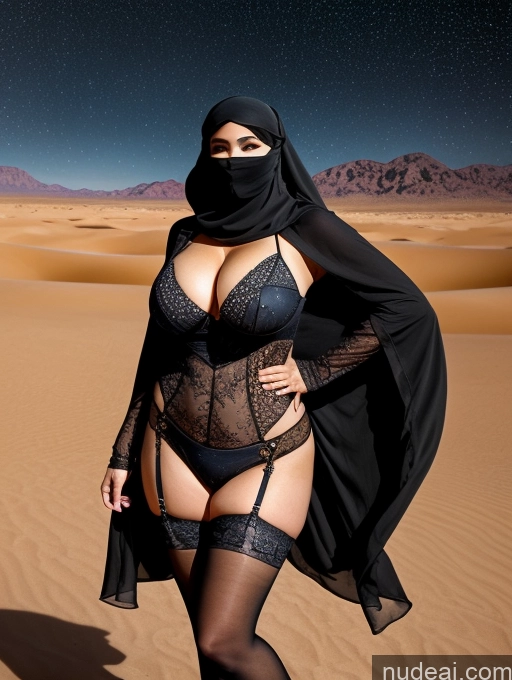 ai nude image of woman in black lingerie and black veil in desert with desert background pics of Stockings Huge Boobs Oasis Thick Niqab 50s Diamond Jewelry Stylish Stargazing