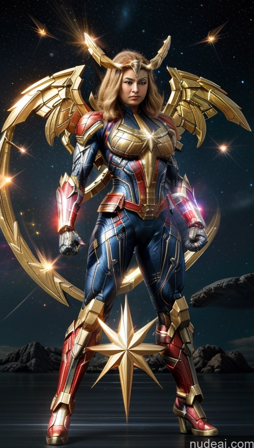 ai nude image of a close up of a woman in a costume with wings pics of Busty Abs Captain Marvel SSS: A-Mecha Musume A素体机娘 Bodybuilder Muscular Has Wings Powering Up