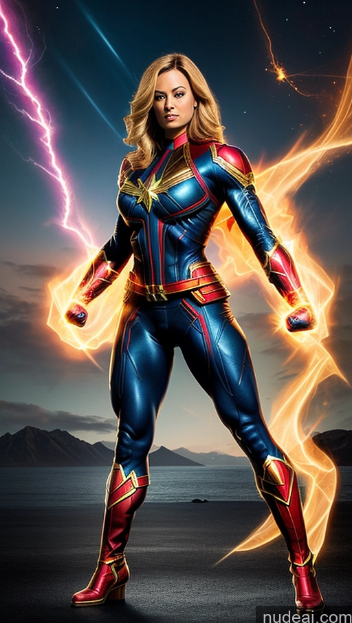 ai nude image of captain marvel is posing in a lightning pose pics of Busty Abs Captain Marvel Bodybuilder Muscular Fantasy Armor Powering Up