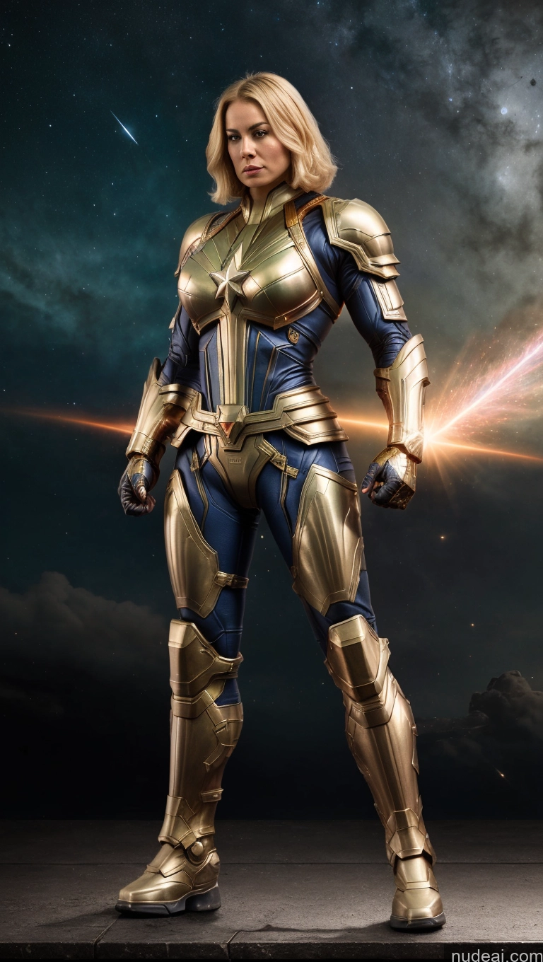 ai nude image of arafed woman in a gold and blue costume standing on a platform pics of Busty Abs Captain Marvel Bodybuilder Muscular Mech Suit Powering Up Fantasy Armor Sci-fi Armor Knight Space Suit Regal Chastity Belt