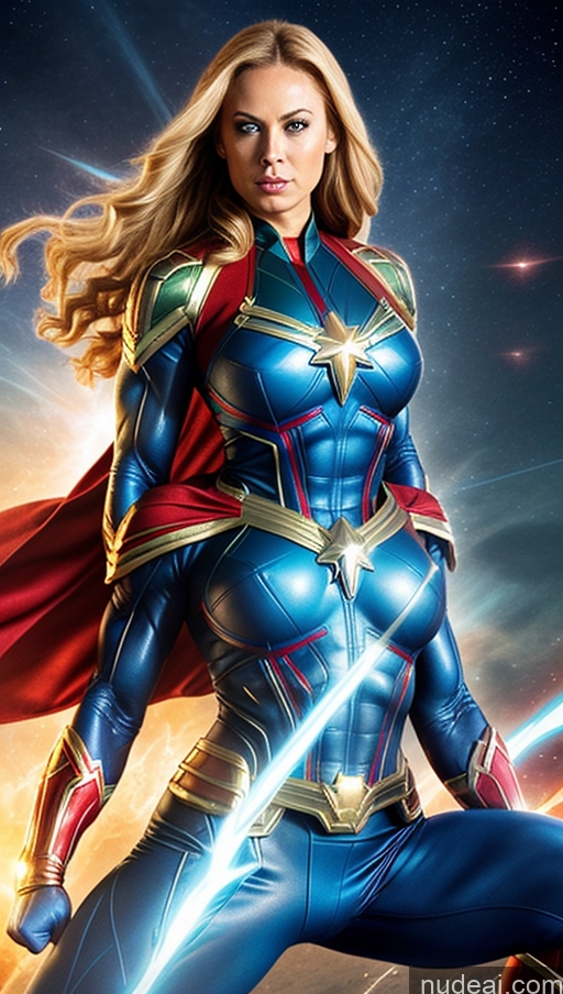 ai nude image of a woman in a blue suit and cape standing in front of a star pics of Captain Marvel Deep Blue Eyes Bodybuilder Busty Muscular Abs Powering Up Superhero