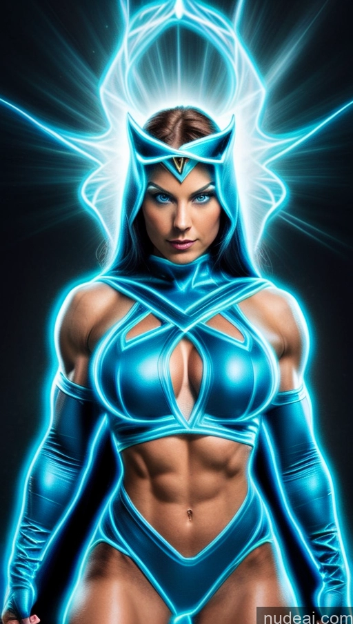 ai nude image of a woman in a blue costume with a glowing halo around her head pics of Deep Blue Eyes Bodybuilder Busty Muscular Abs Powering Up Superhero Blue Hair Neon Lights Clothes: Blue Dynamic View Heat Vision