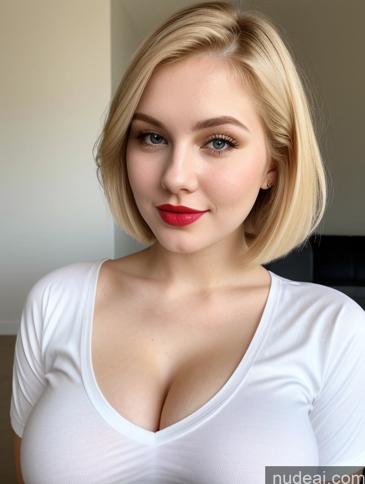 ai nude image of blond woman with big breast posing for a picture in a white shirt pics of Busty Perfect Boobs Beautiful Lipstick Thick Fairer Skin 18 Blonde Bobcut Russian Close-up View Shirt