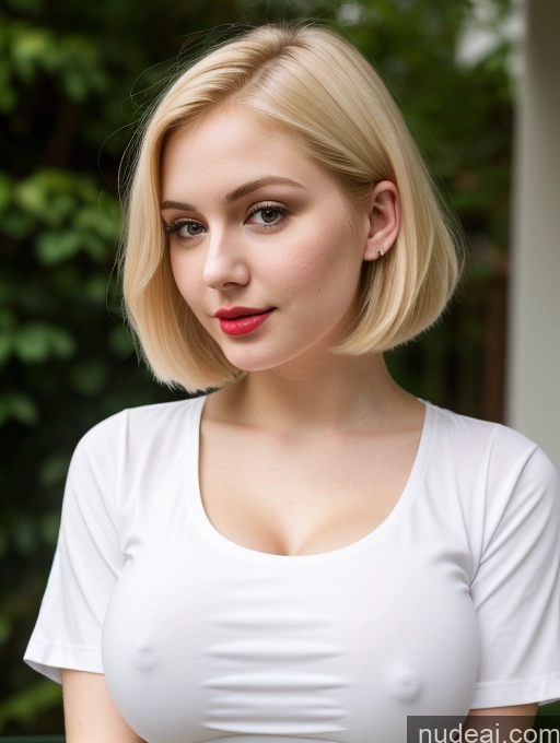 ai nude image of blonde woman with a white shirt and red lipstick posing for a picture pics of Busty Perfect Boobs Beautiful Lipstick Thick Fairer Skin 18 Blonde Bobcut Russian Close-up View Shirt