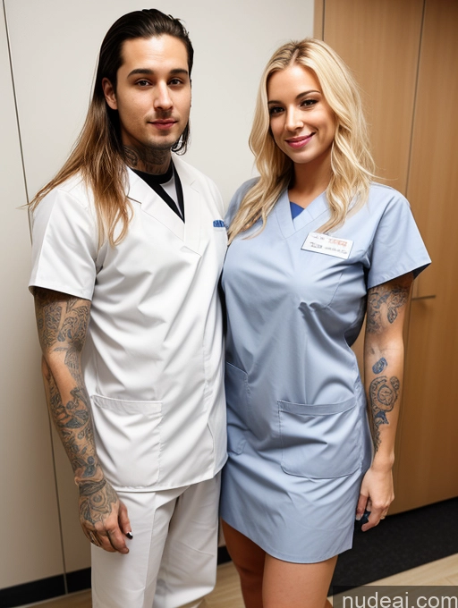 ai nude image of arafed man and woman in scrubs posing for a picture pics of Perfect Boobs Beautiful Tattoos 20s Orgasm Blonde Long Hair White Soft + Warm Hospital Nurse Detailed Spreading Legs Woman + Man Two