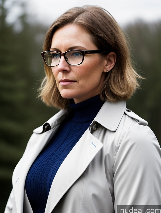 ai nude image of blond woman with glasses and a blue turtleneck sweater and trench coat pics of Milf Glasses Big Ass Chubby Big Hips Short Pubic Hair Fairer Skin 40s Serious Scandinavian Soft + Warm Trench Coat Dark Lighting Detailed Brunette Bobcut Side View