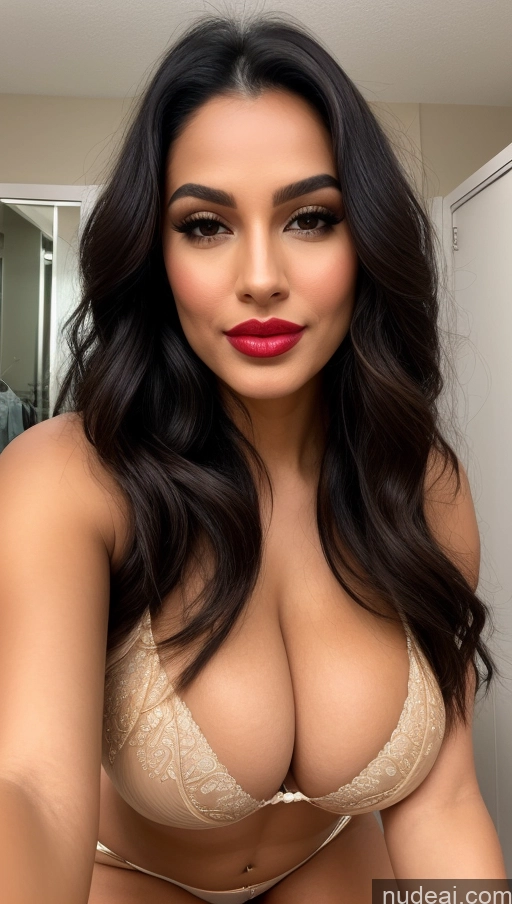 ai nude image of araffed woman with big breast posing in a bra pics of Miss Universe Model Huge Boobs Busty Beautiful Lipstick Big Ass Fairer Skin Happy Seductive Sexy Face Black Hair Pouting Lips Long Hair Indian Front View Changing Room Bra Thong Jewelry Gold Jewelry Bright Lighting Detailed