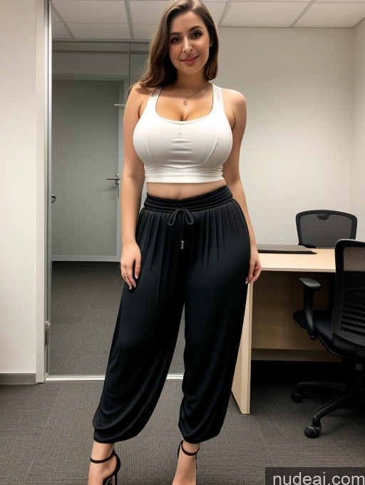 ai nude image of arafed woman in a white top and black pants posing for a picture pics of Busty Perfect Boobs Beautiful Thick Fairer Skin Big Hips 18 Brunette Bobcut Russian Detailed Cleavage Secretary Office Jacket Tank Top Harem Pants