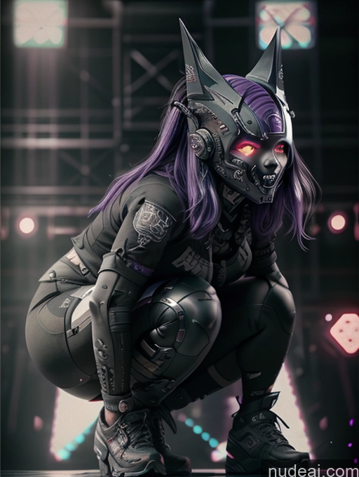 ai nude image of araffe with purple hair and a cat mask crouches down pics of Athlete Angry Purple Hair Egyptian Stage Gothic Punk Girl Cyberhelmet V3 Huge Boobs Big Ass Big Hips Front View