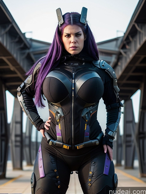 ai nude image of arafed woman in a black suit and purple hair posing for a picture pics of Athlete Angry Purple Hair Egyptian Cyberhelmet V3 Huge Boobs Big Ass Big Hips Front View Goth Mech Suit