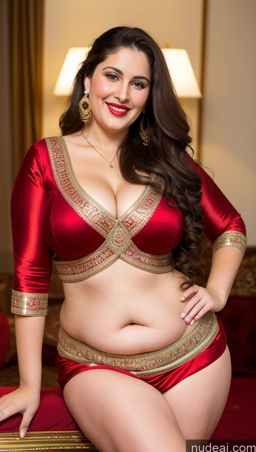 ai nude image of araffe woman in red and gold outfit posing for a picture pics of Milf Busty Beautiful Lipstick Thick Chubby Fat Big Hips Fairer Skin 20s Happy Seductive Brunette Long Hair Russian Party Front View Straddling Sari Blouse Dirndl Victorian Cleavage Gold Jewelry