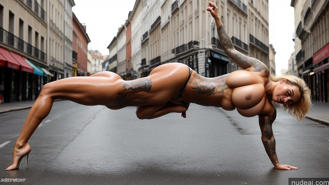 ai nude image of arafed woman doing a handstand in the middle of a street pics of Bodybuilder Busty Huge Boobs Perfect Boobs Beautiful Tattoos Big Ass Muscular Abs Thick Long Legs Tall Perfect Body Sexy Face French Fairer Skin Oiled Body Street Nude