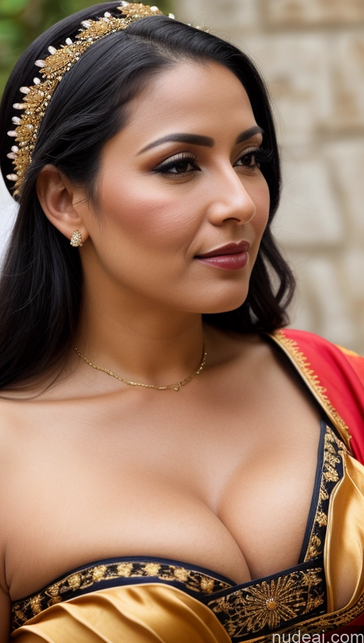 ai nude image of araffe woman in a gold and red dress with a gold headpiece pics of Woman Busty Perfect Boobs Beautiful 30s Black Hair Slicked Latina Close-up View Dress Several Traditional