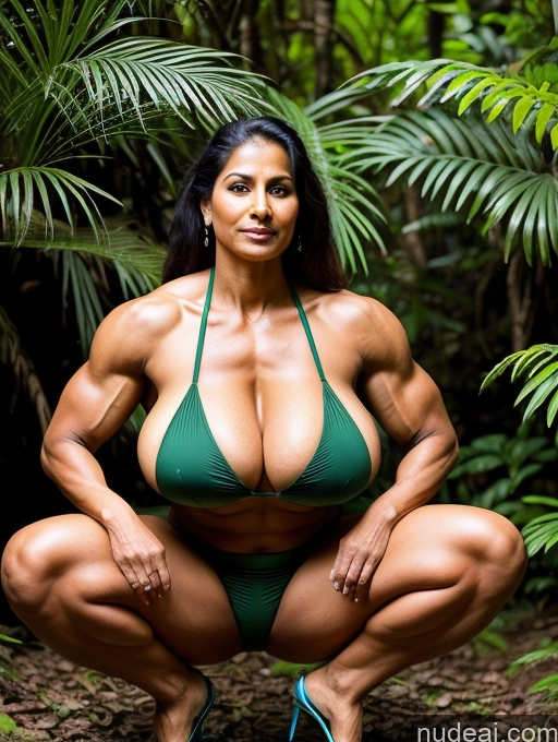 ai nude image of arafed woman in a green bikini crouching down in the woods pics of Bodybuilder Busty Huge Boobs Perfect Boobs Big Ass Muscular Abs Beautiful Long Legs Tall Big Hips Perfect Body 80s Indian Jungle Squatting Sari