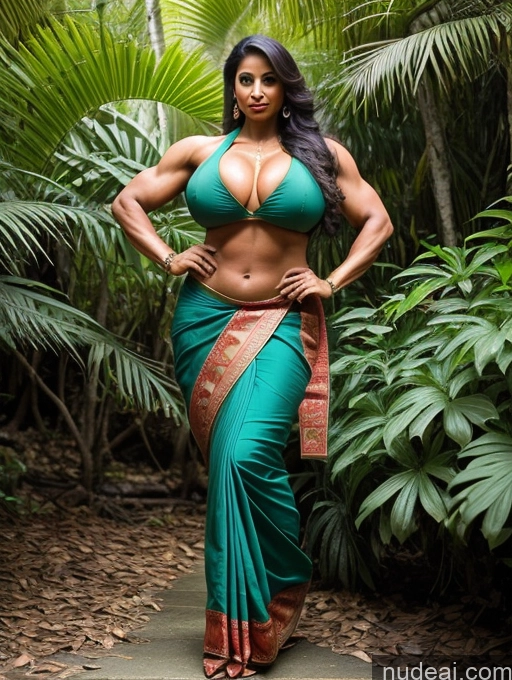 ai nude image of a woman in a green sari posing for a picture pics of Bodybuilder Busty Huge Boobs Perfect Boobs Big Ass Muscular Abs Beautiful Long Legs Tall Big Hips Perfect Body 80s Indian Jungle Sari