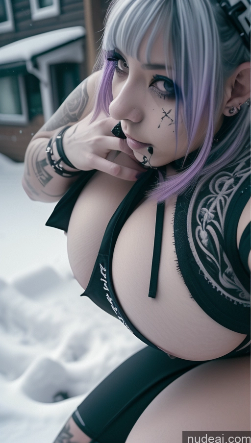 ai nude image of arafed woman with purple hair and tattoos posing in the snow pics of Athlete Busty Perfect Boobs Purple Hair Gothic Punk Girl Snow Ethiopian Huge Boobs Close-up View Small Tits