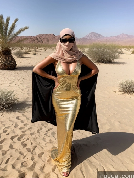 ai nude image of a woman in a gold dress and a black cape standing in the desert pics of Middle Eastern Huge Boobs Tanned Skin Oasis Beautiful Model 20s Gold Jewelry Stylish Messy Niqab