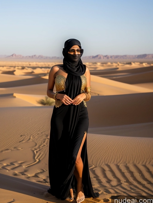 ai nude image of araffe woman in a black dress and a gold scarf standing in the desert pics of Middle Eastern Huge Boobs Tanned Skin Oasis Beautiful Model 20s Gold Jewelry Stylish Messy Niqab