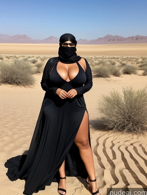 ai nude image of araffe in a black dress and a black mask poses in the desert pics of Middle Eastern Huge Boobs Tanned Skin Oasis Beautiful Model 20s Gold Jewelry Stylish Messy Niqab Chubby Thick