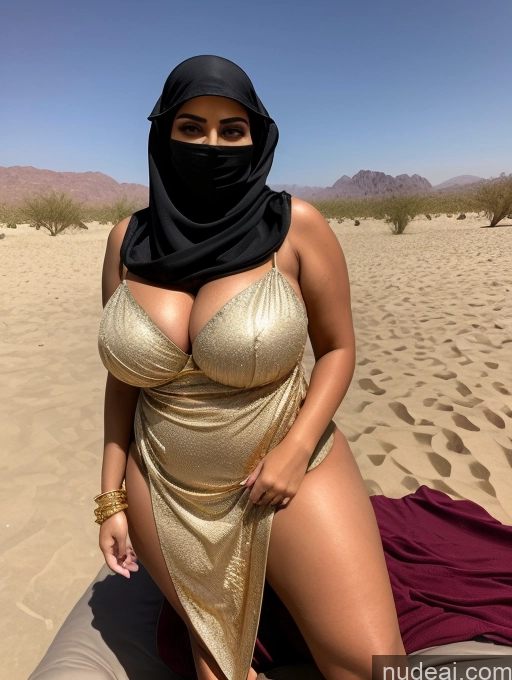 ai nude image of araffe wearing a black scarf and a gold dress on a beach pics of Middle Eastern Huge Boobs Tanned Skin Oasis Beautiful Model 20s Gold Jewelry Stylish Messy Niqab Chubby Thick