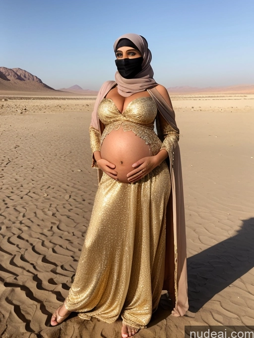 ai nude image of pregnant woman in gold dress and black mask standing in desert pics of Model Huge Boobs Beautiful Tanned Skin 20s Messy Middle Eastern Oasis Niqab Stylish Gold Jewelry Pregnant