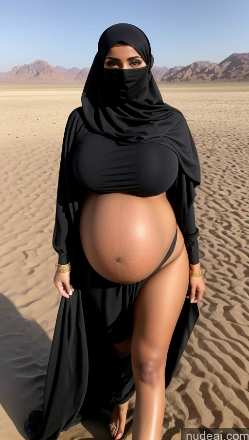 ai nude image of pregnant woman in black dress and hijab walking on sand pics of Model Huge Boobs Beautiful Tanned Skin 20s Messy Middle Eastern Oasis Niqab Stylish Gold Jewelry Pregnant Thick