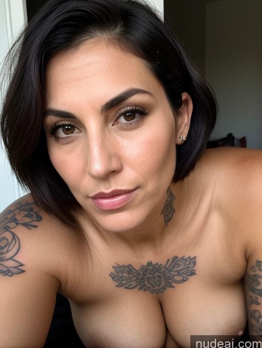 ai nude image of there is a woman with a tattoo on her chest posing for a picture pics of Close-up View Bending Over Pubic Hair Busty Tanned Skin Seductive Serious Sad Sexy Face Shocked Laughing Black Hair Bobcut Jewish 20s Milf Tattoos