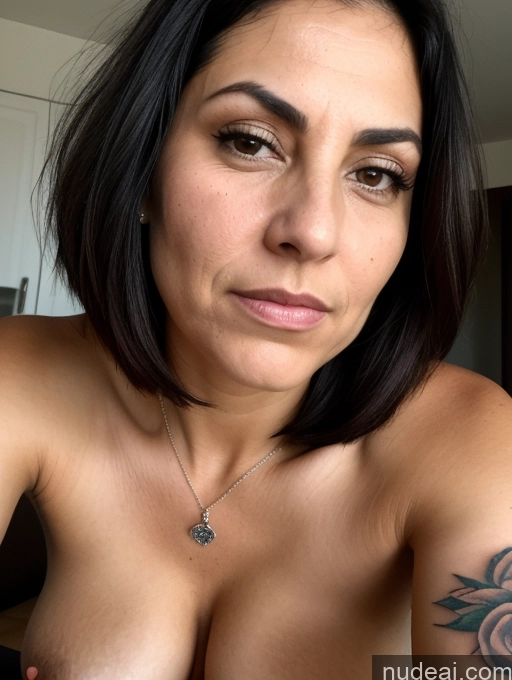 ai nude image of arafed woman with a tattoo on her chest and a necklace pics of Bending Over Pubic Hair Busty Tanned Skin Seductive Serious Sad Sexy Face Shocked Laughing Black Hair Bobcut Jewish 20s Tattoos Milf Close-up View