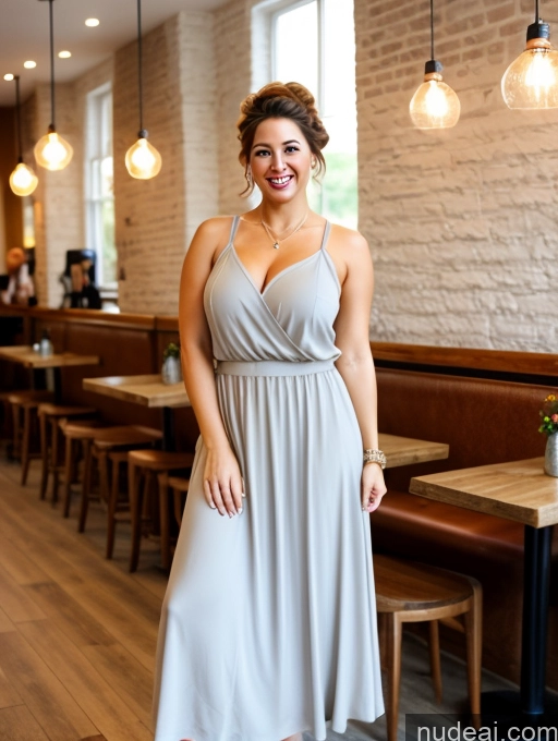 ai nude image of arafed woman in a gray dress standing in a restaurant pics of Busty Big Ass Big Hips Pubic Hair 50s Happy Brunette Pixie White Wife Or Girlfriend Full Frontal High Heels Cafe Long Skirt Tunic