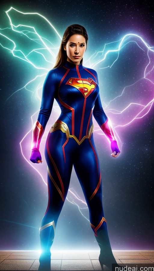 ai nude image of a woman in a blue suit with lightning coming out of her chest pics of Suit Superhero Powering Up