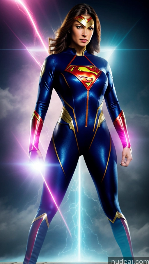 ai nude image of a woman in a blue and gold costume standing in front of a lightning bolt pics of Suit Powering Up Superheroine Superhero Heat Vision Dynamic View